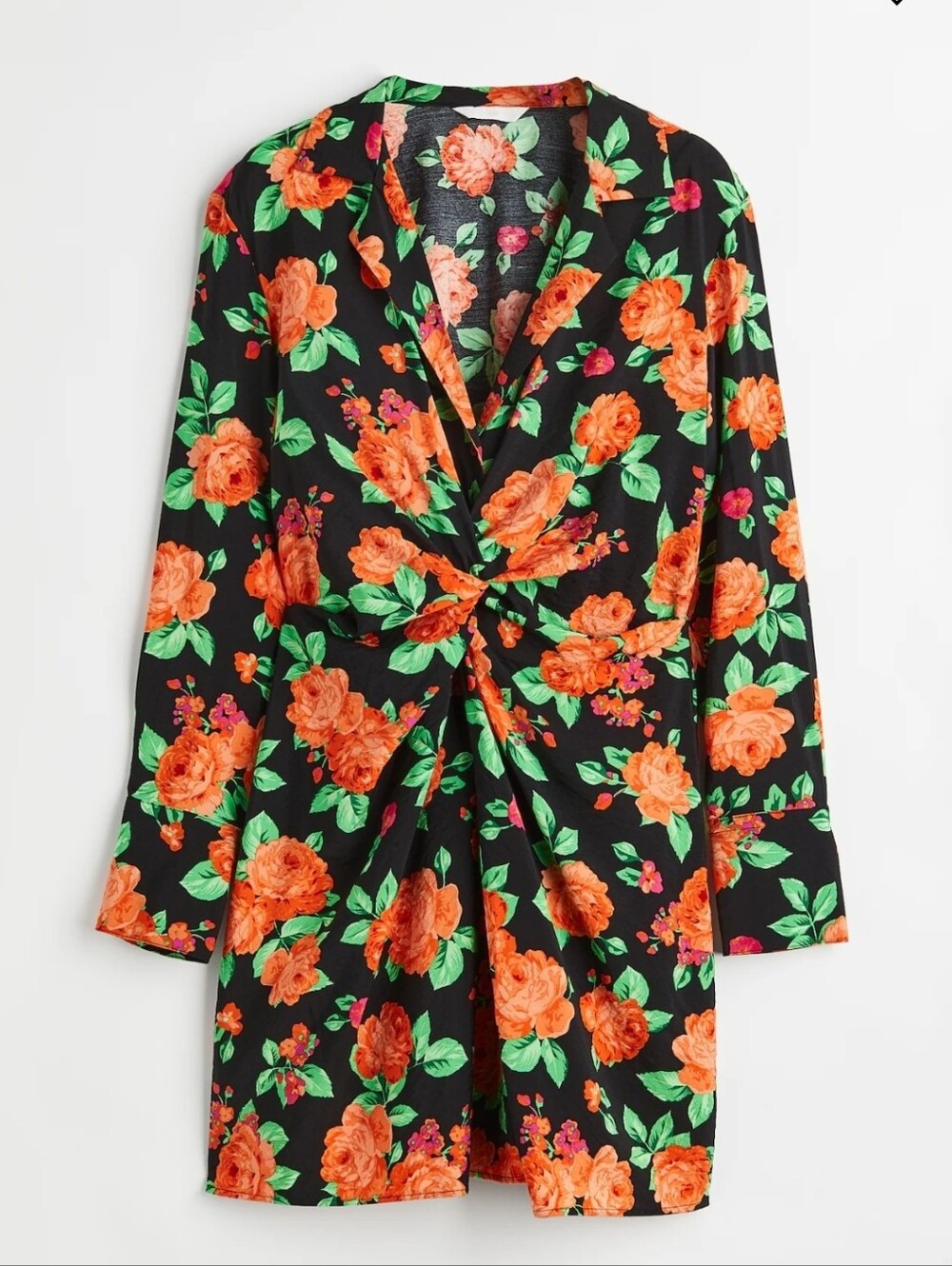 NWT H&M Black And Orange Floral Twist Knot Short Long Sleeve Dress Size Small